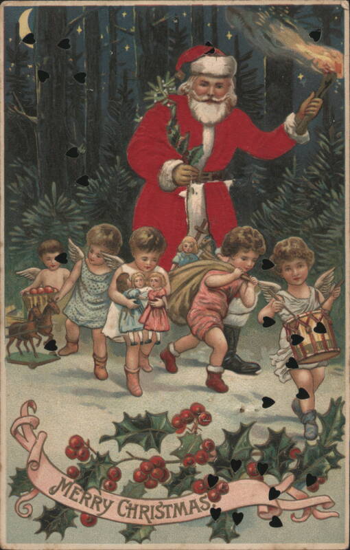 Santa Claus and Angels with Torch, Drum, and Sleigh, Merry Christmas