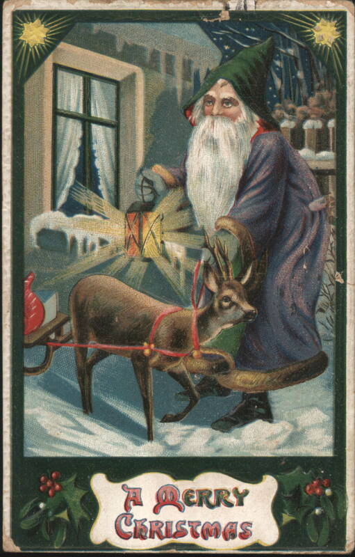 Santa Claus with Deer and Lantern in Snowy Christmas Scene