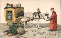 Santa Claus with White Horse & Sleigh Delivering Christmas Gifts Postcard