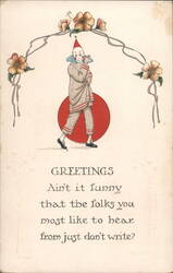 Clown with Floral Arch and Funny Greeting About Not Writing Postcard