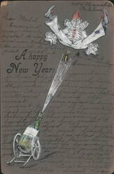 Clown, Champagne Bottle & Cart, "A happy New Year!" Greeting Postcard