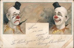 Sad and Happy Clowns, Right Merry Christmas Greeting Postcard