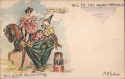 Humorous Cartoon of Clown and Woman on Horseback Postcard