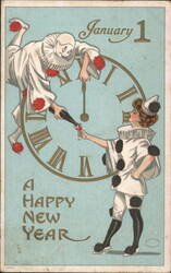 New Year's Clowns Toasting Midnight on January 1st Postcard