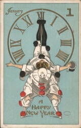 Clowns Celebrate New Year with Clock and January 1 Greeting Postcard
