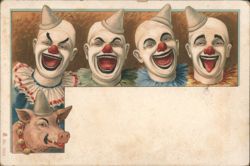 Four Laughing Clowns and Pig in Hat Postcard