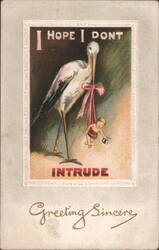 "I Hope I Don't Intrude" Stork Delivering Baby with Hat Postcard