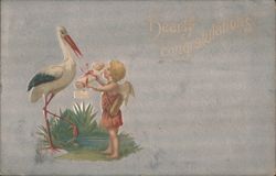 Stork Delivering Baby to Angel, 'Dearly Congratulations' Postcard