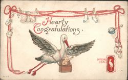 Hearty Congratulations Stork Delivering Baby Postcard