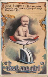 Just Arrived Baby Girl on Scale Announcement Postcard