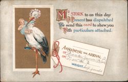 Stork Delivering Baby, Birth Announcement for Grover James McPeek, 1912 Postcard