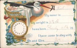 Stork Delivering Baby Girl in Basket, Birth Announcement with Baby Scale Postcard