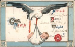 Good News Birth Announcement Stork Delivering Baby Lawrence Robert Marsh Postcard