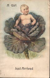 A Girl Just Arrived - Baby in Red Cabbage Patch Postcard