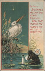 Stork and Frog Discussing Baby Delivery with Bottle Postcard