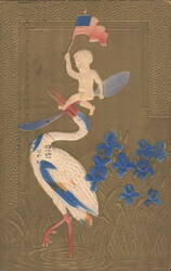 1910 Stork Delivers Baby with American Flag Birth Announcement Postcard