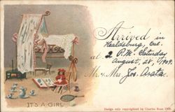 It's a Girl Baby Announcement with Crib and Child Postcard