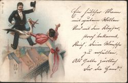 Man Riding Stork with Woman, German Romantic Greeting for a Husband Postcard