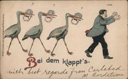 Comic Storks Delivering Babies Chasing Man, 'Bei dem klappt's' Postcard