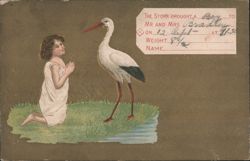 Stork brought a boy to Mr. and Mrs. Bradley, girl praying, birth announcement Postcard