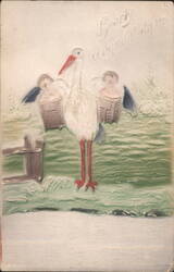 Stork Delivering Two Babies in Baskets with Angels, Hearty Congratulations Postcard