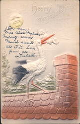 Stork Delivering Baby, Birth Announcement, Smiling Moon, Embossed Postcard