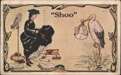 Woman Shooing Stork Carrying Babies, with Owl and Books Postcard