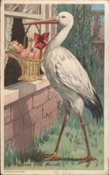 Stork Delivering Baby in Basket, A Message from Heaven Postcard