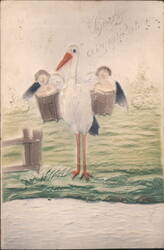 Stork Delivering Angels with Hearty Congratulations Postcard