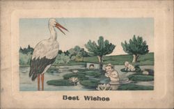 Stork Delivering Babies in Pond with Lily Pads, Best Wishes Greeting Postcard