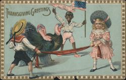 Thanksgiving Greetings with Children, Turkeys, and American Flag Postcard