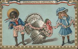 Thanksgiving Greetings: Black Americana Children, Turkey, and Flower Garland Postcard