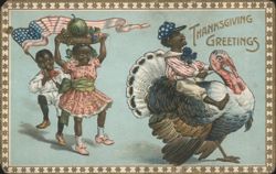 Thanksgiving Greetings, Black Americana Children with Turkey Ride Postcard