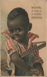 Merry Christmas Black Americana Child Playing Banjo Postcard