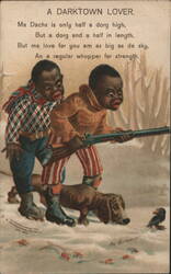 Darktown Lover Caricature, Children Hunting with Dachshund Postcard