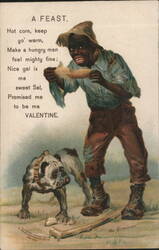 Black Americana Man Eating Corn with Bulldog, Valentine Poem Postcard