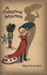 Christmas Greeting: Woman with Fan, Shadow, and 'I'm So Shy!' Postcard