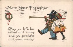 New Year Thoughts, Caricatured Figures with Horn and Sack Postcard