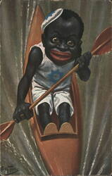Black Americana Caricature of Child in Canoe, Sailor Hat Postcard
