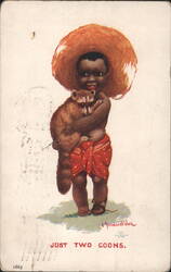 Black Americana Illustration: Child in Straw Hat with Raccoon, 'Little Coons' Series Postcard
