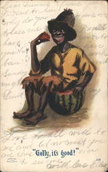 Black Americana Man Eating Watermelon, Golly, it's good! Postcard