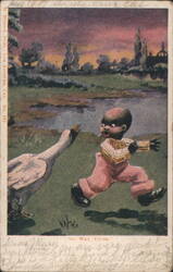 Go 'Way, Youse" Black Child Running from Goose Postcard