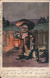 Black Americana Boy with Lantern and Bird, 'Something Doing' Postcard