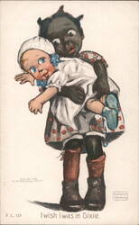 Black Americana Doll Carrying White Doll, 'I wish I was in Dixie' Postcard