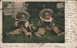 Two Boys in Straw Hats Eating Watermelon Postcard