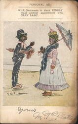 PERSONAL AD: Gentleman in Black and Dark Lady Caricature Postcard