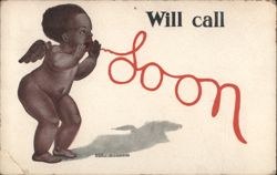 Will Call Soon Black Americana Baby Cherub Postcard