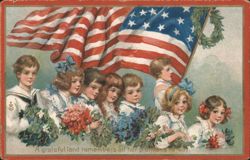 Children with American Flag & Flowers, Decoration Day Postcard