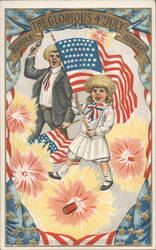 The Glorious 4th July Celebration with Man, Child, and Flags Postcard
