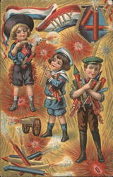 Children Celebrating 4th of July with Fireworks and US Flag Postcard